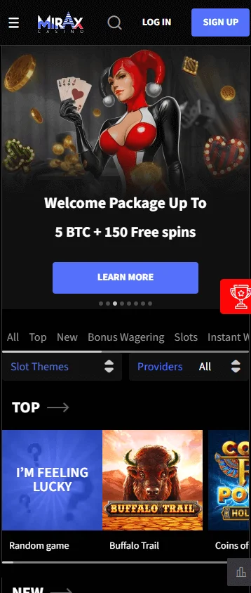 Mirax Casino mobile home interface on a smartphone