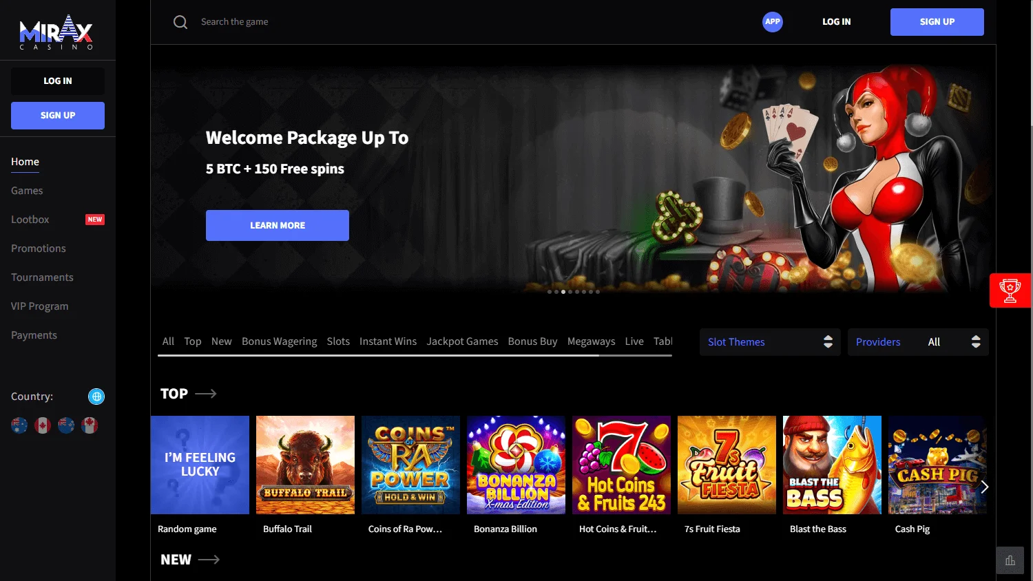 Mirax Casino desktop home interface with casino games and account features