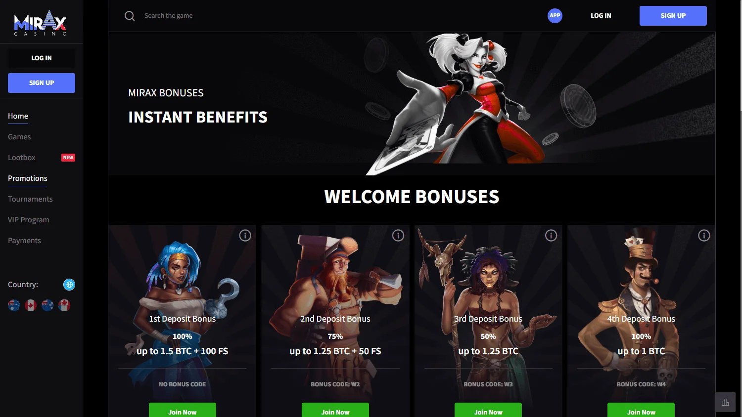 Mirax Casino desktop promotions interface with welcome and free-spin offers