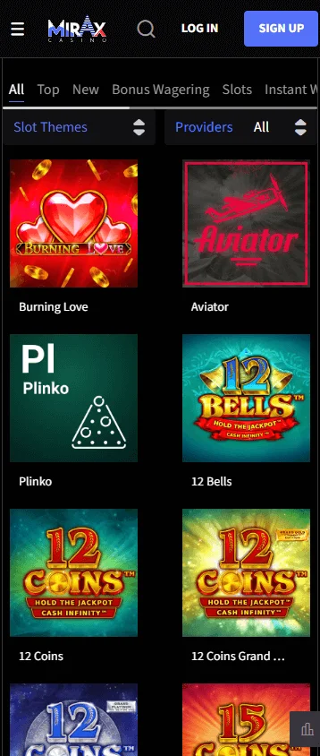 Mirax Casino mobile games interface with casino categories