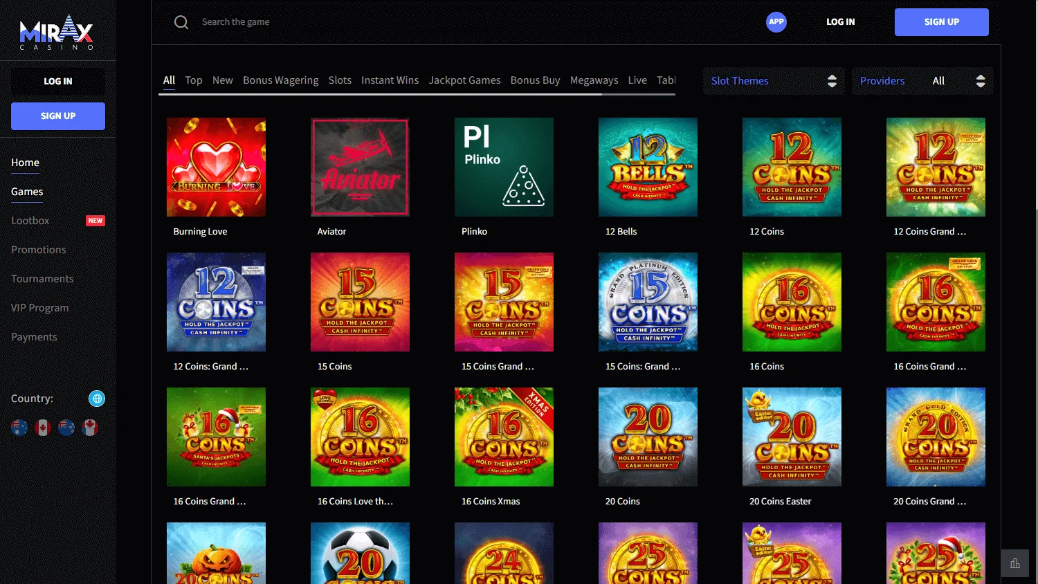 Mirax Casino desktop games interface with pokies and casino categories